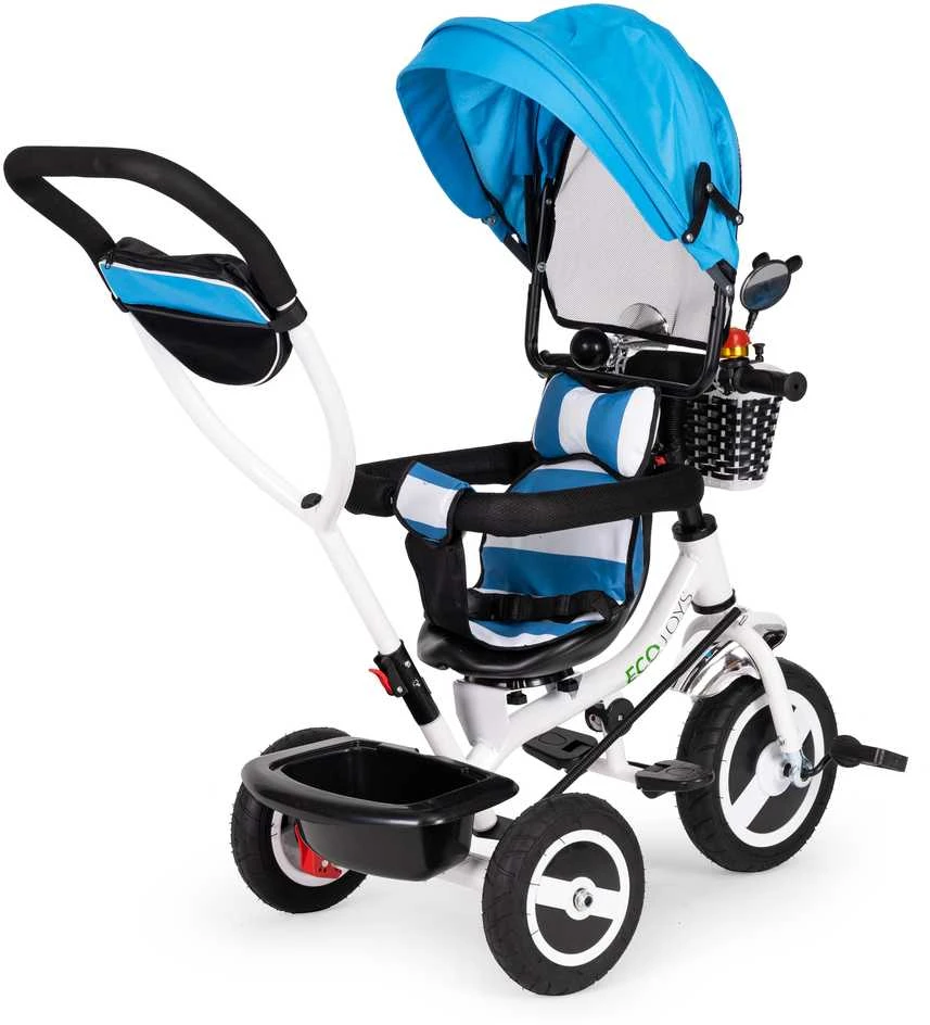 Ecotoys Mėlynas triratukas, ratinis vežimas, besisukantis mėlynas stogas