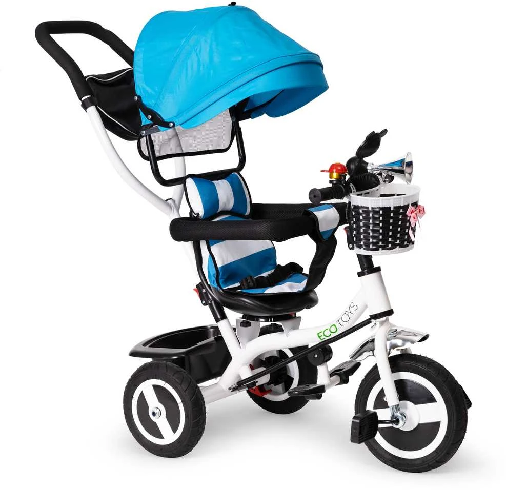 Ecotoys Mėlynas triratukas, ratinis vežimas, besisukantis mėlynas stogas