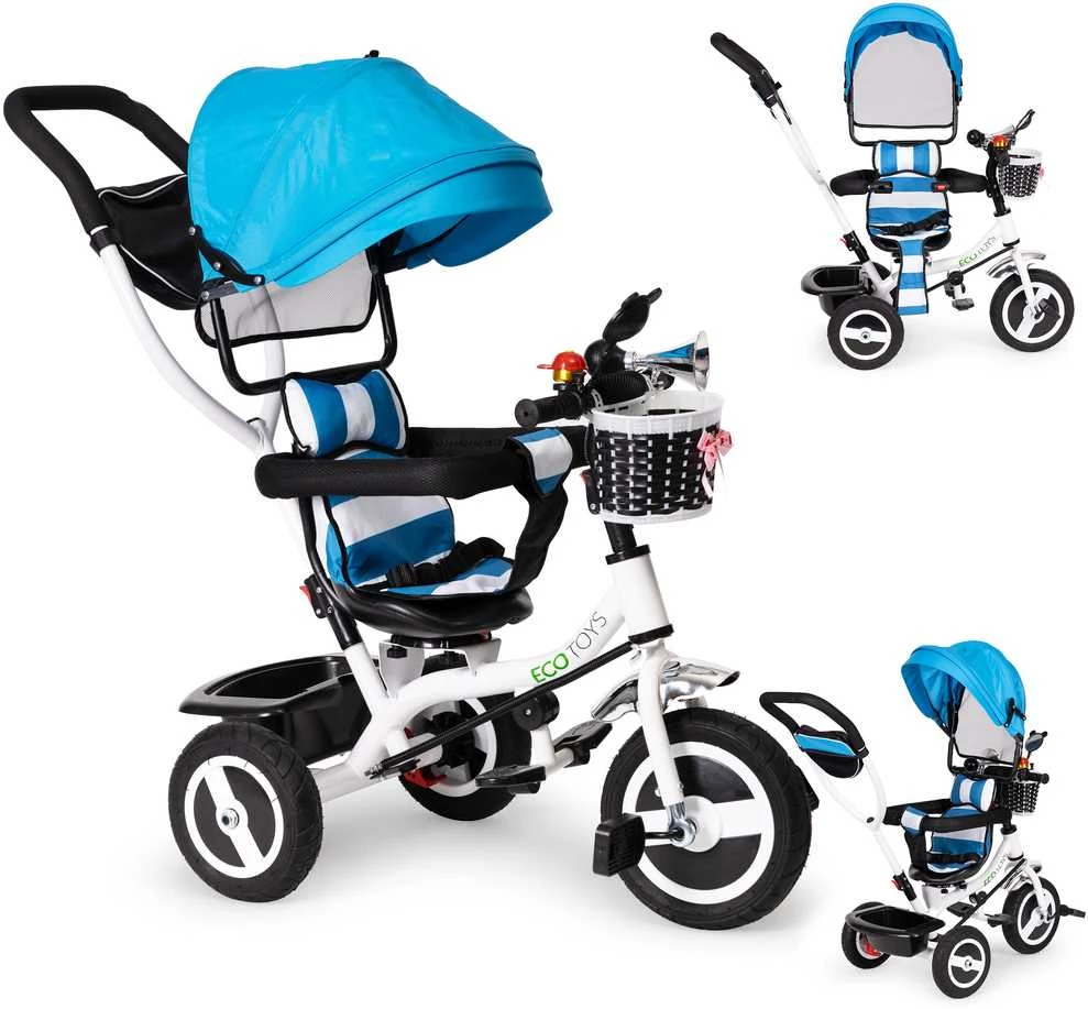Ecotoys Mėlynas triratukas, ratinis vežimas, besisukantis mėlynas stogas