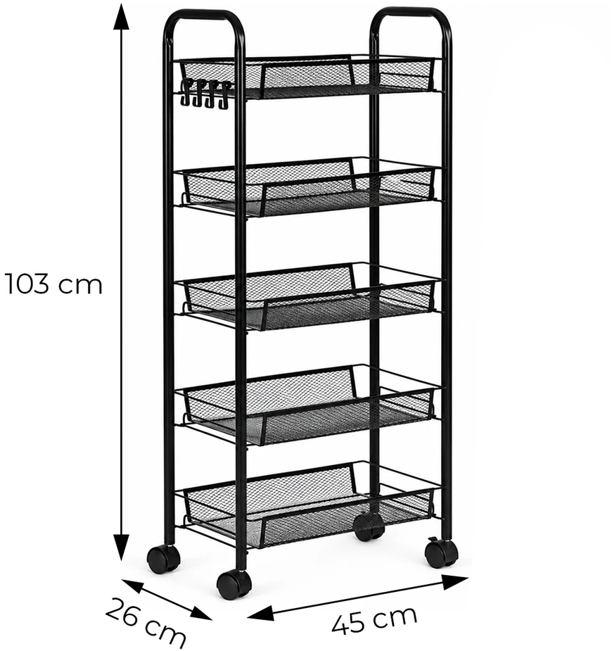 Metalinis juodas vežimėlis su 5 lentynomis ModernHome
