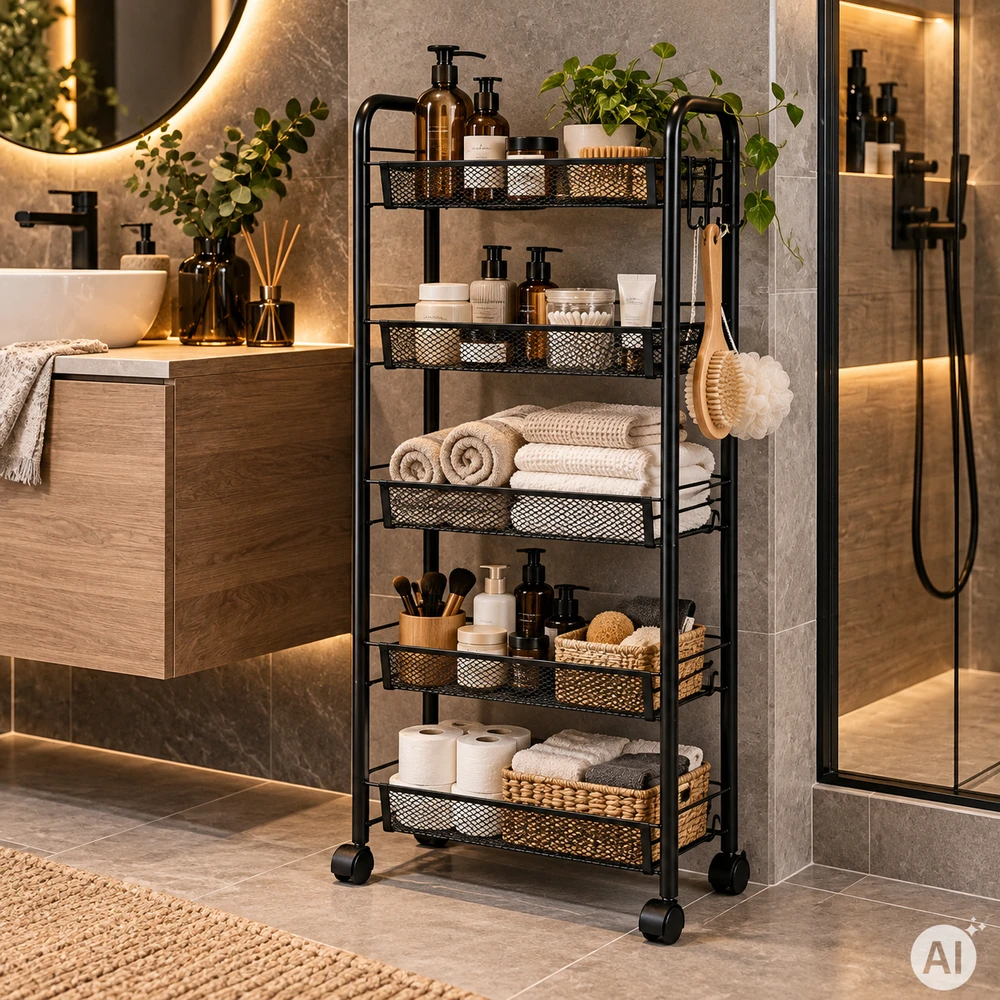 Metalinis juodas vežimėlis su 5 lentynomis ModernHome