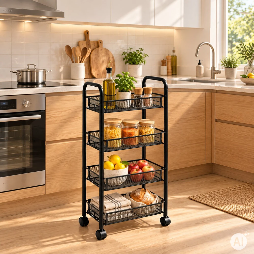 Metalinis mobilus juodas organizatorius su 4 lentynomis ModernHome