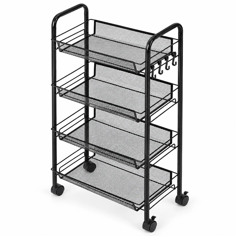 Metalinis mobilus juodas organizatorius su 4 lentynomis ModernHome