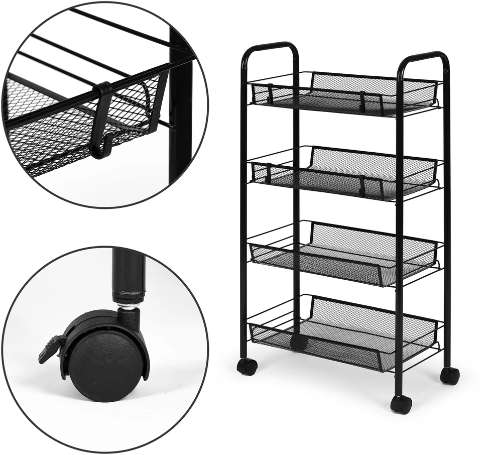 Metalinis mobilus juodas organizatorius su 4 lentynomis ModernHome