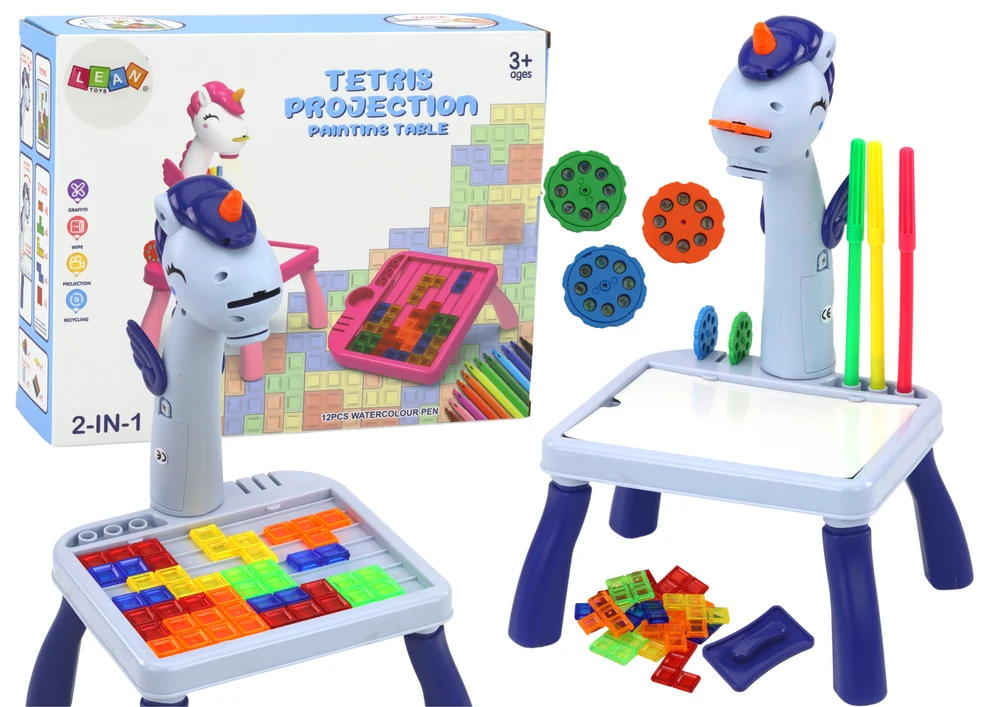 Lean Toys Mini projektorius su Tetris piešimo stalu 2in1 Mėlynas Vienaragis