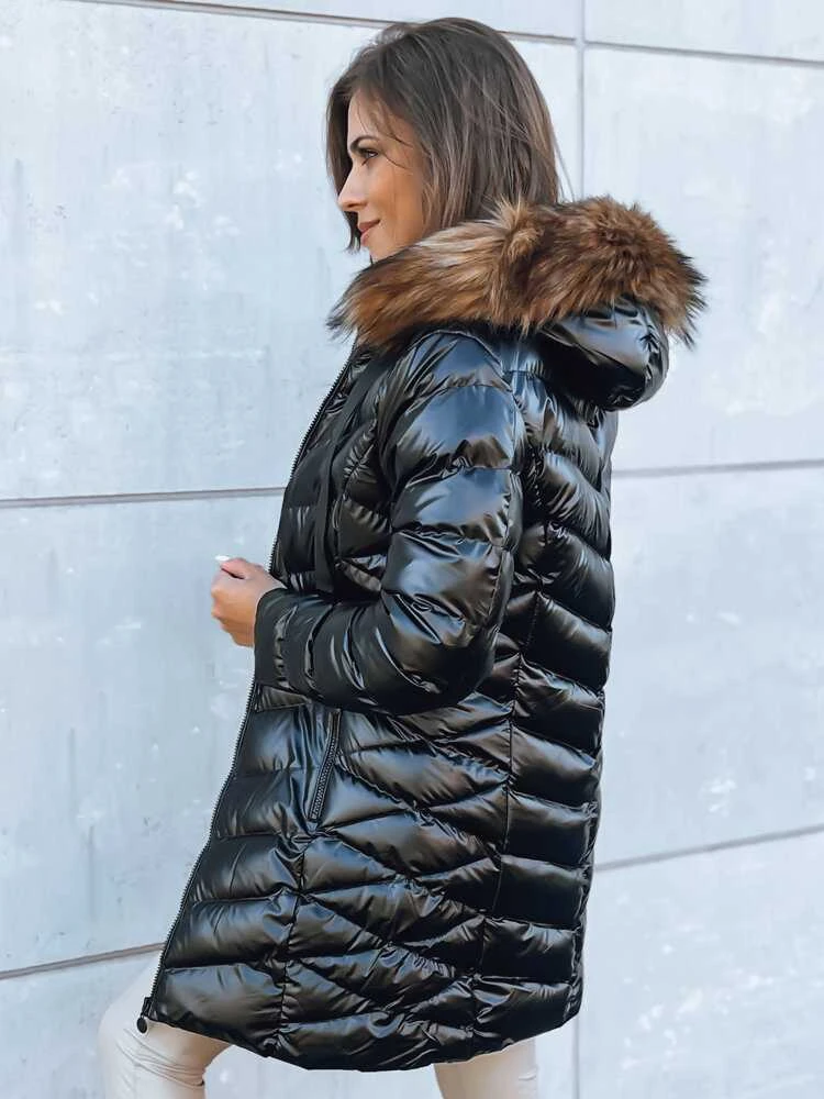 Moteriška dygsniuota juoda striukė su rudu kailiuku Crystal