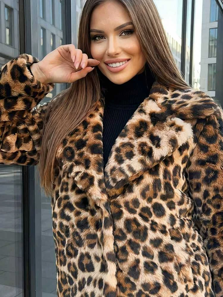 Moteriška ruda kailinė striukė su gyvūniniu raštu Leopard