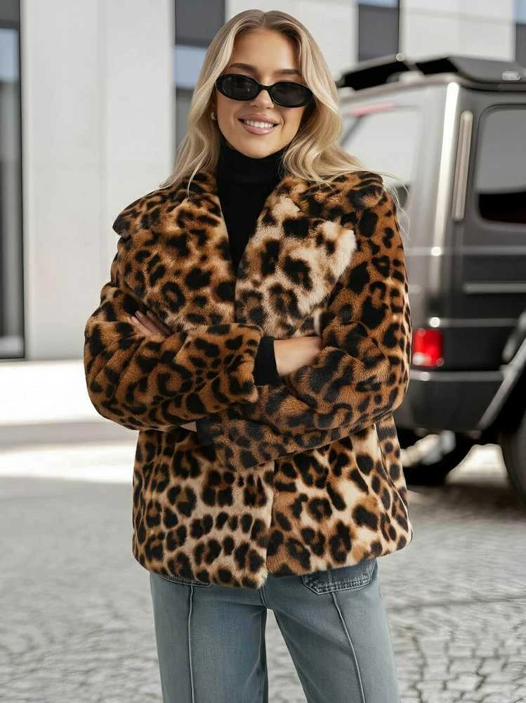 Moteriška ruda kailinė striukė su gyvūniniu raštu Leopard