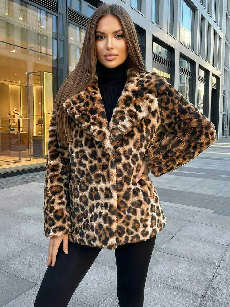 Moteriška ruda kailinė striukė su gyvūniniu raštu Leopard