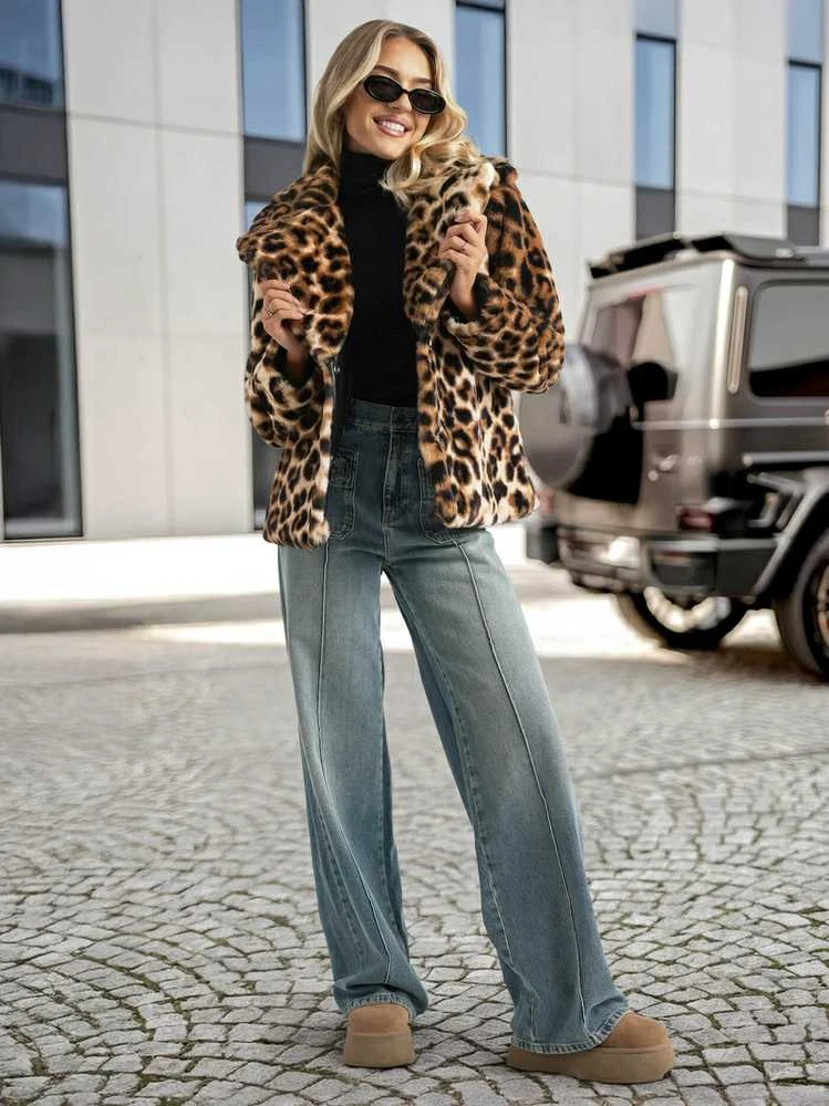 Moteriška ruda kailinė striukė su gyvūniniu raštu Leopard