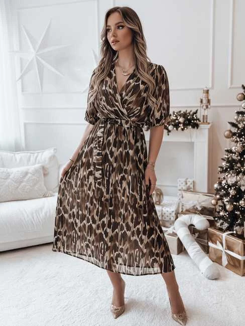 Moteriška ruda midi suknelė su raštu Leopard
