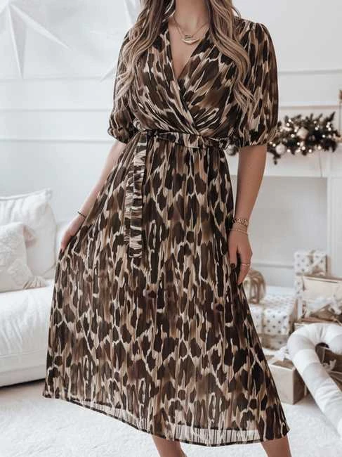 Moteriška ruda midi suknelė su raštu Leopard
