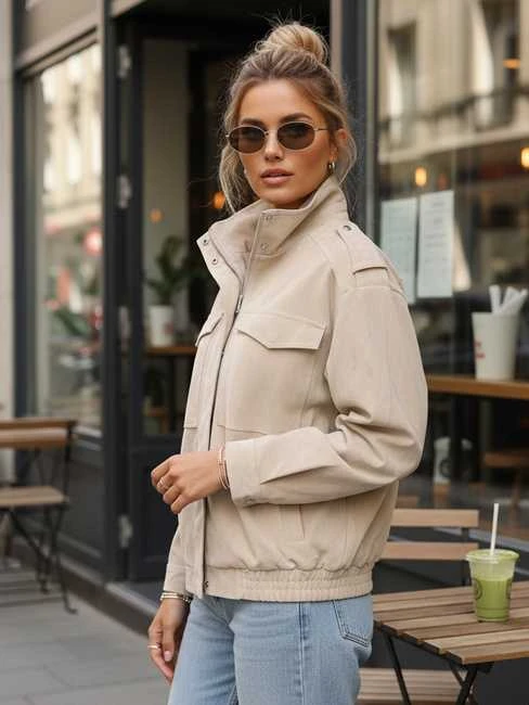 Moteriška smėlio spalvos zomšinė bomber striukė Silin