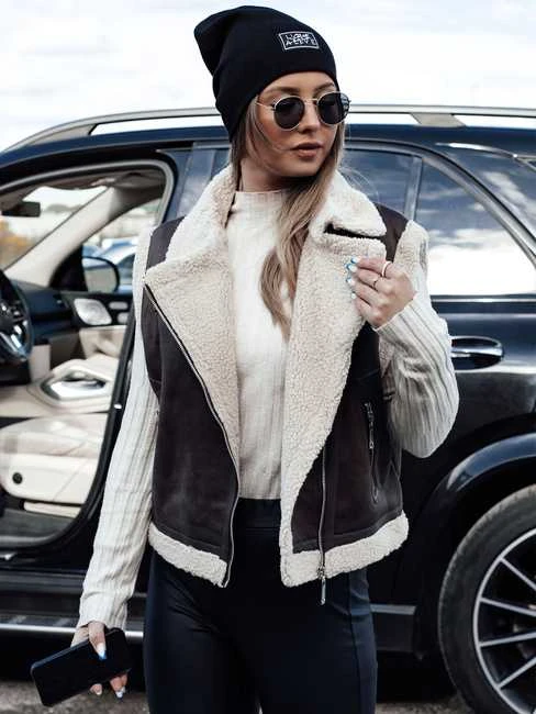 Moteriška tamsiai ruda liemenė su kailiuku Wool