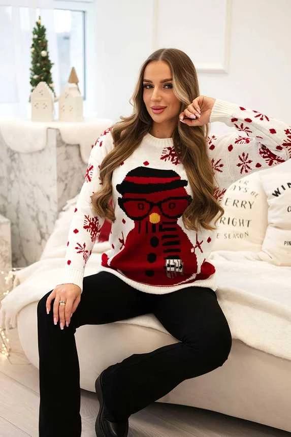 Moteriškas baltas kalėdinis megztinis Snowman