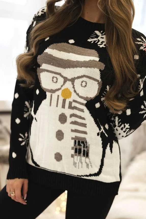 Moteriškas juodas kalėdinis megztinis Snowman