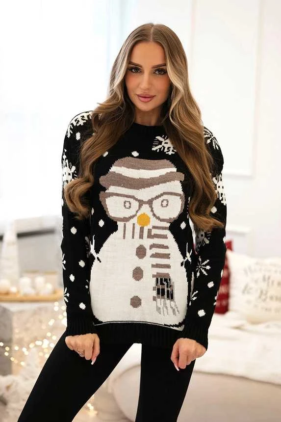 Moteriškas juodas kalėdinis megztinis Snowman