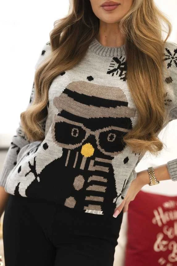Moteriškas pilkas kalėdinis megztinis Snowman