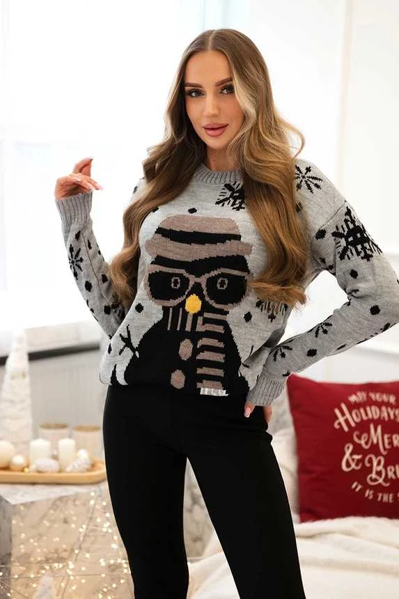 Moteriškas pilkas kalėdinis megztinis Snowman