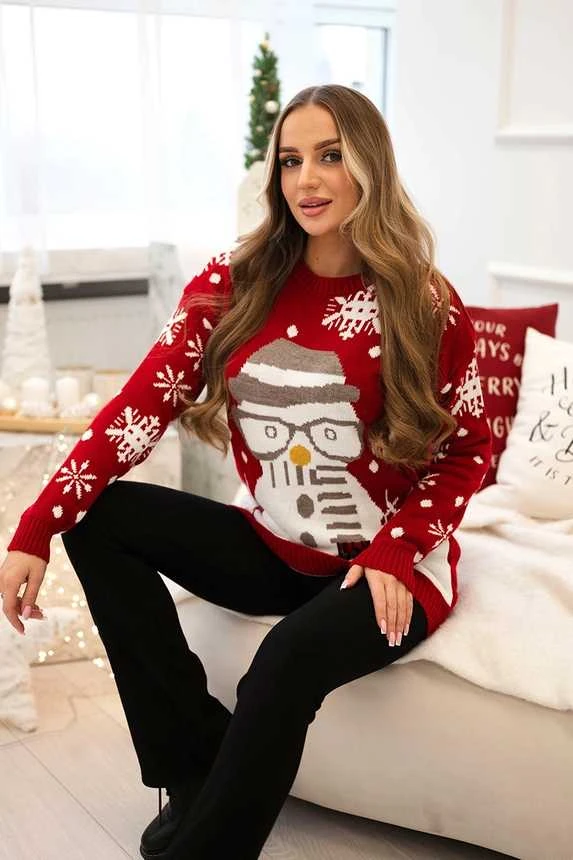 Moteriškas raudonas kalėdinis megztinis Snowman