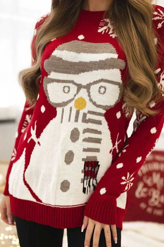 Moteriškas raudonas kalėdinis megztinis Snowman
