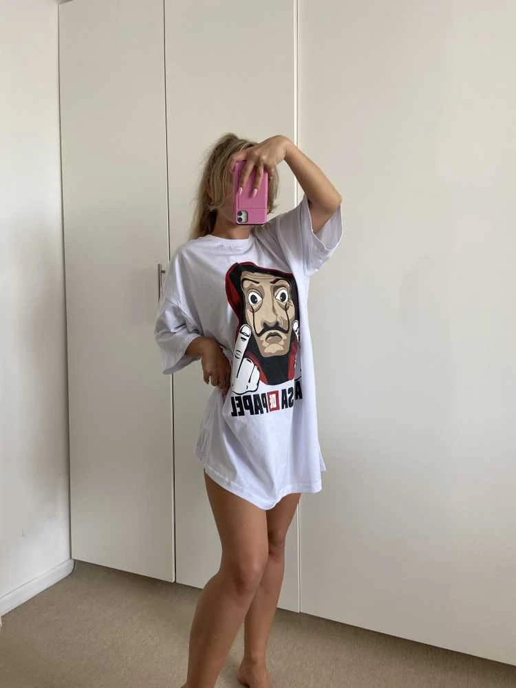 Moteriški oversize balti marškinėliai Money
