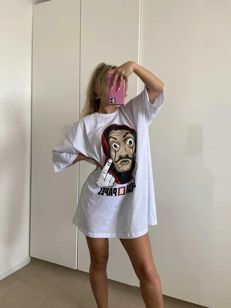 Moteriški oversize balti marškinėliai Money
