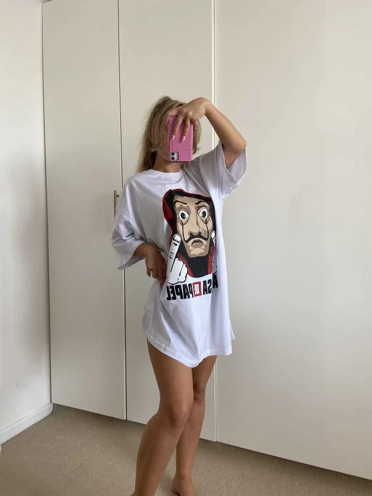 Moteriški oversize balti marškinėliai Money