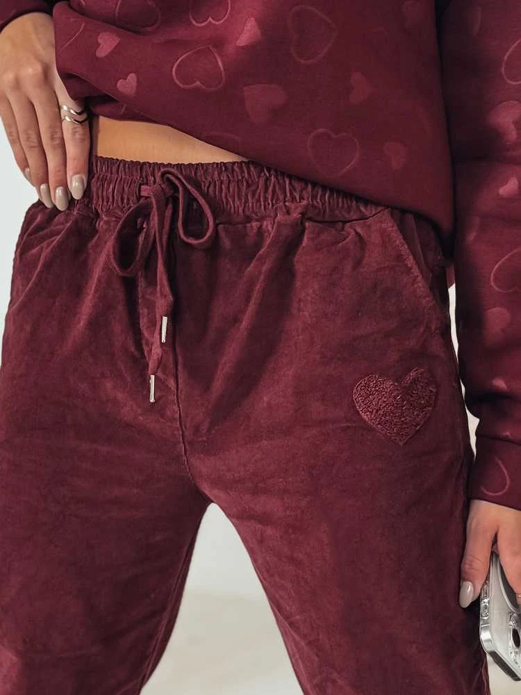 Moteriškos velvetinės bordo spalvos laisvalaikio kelnės Velvi
