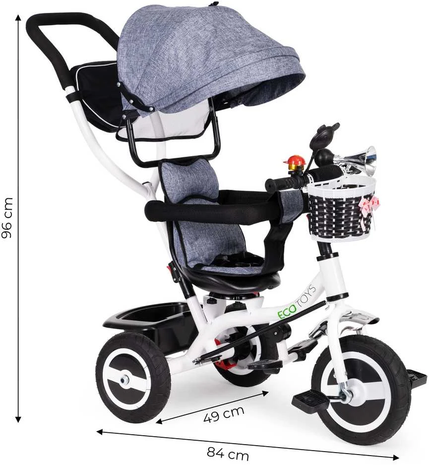Ecotoys triratukas besisukantis stogelis pilka patvarūs guminiai ratai