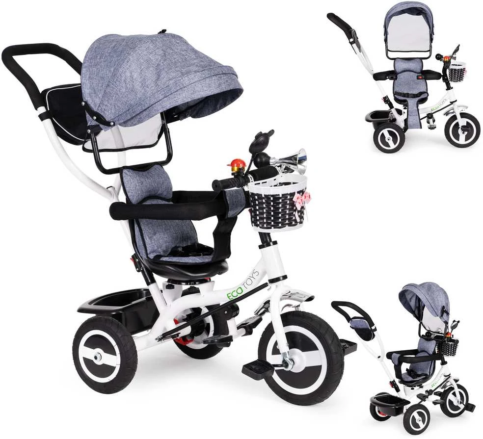 Ecotoys triratukas besisukantis stogelis pilka patvarūs guminiai ratai