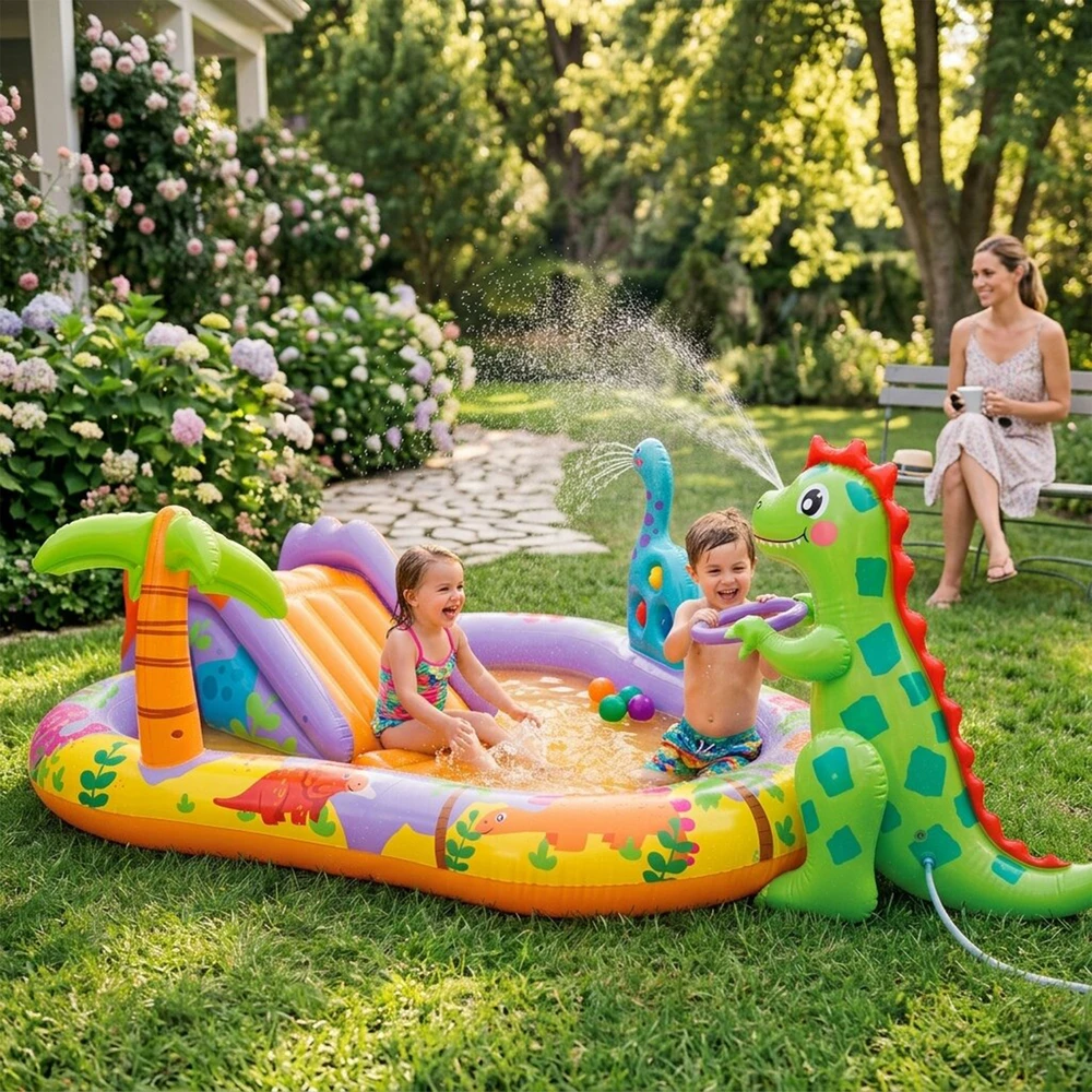 Pripučiamas vaikų baseinas su čiuožykla ir fontanu Dinozauras INTEX 56139 201x157x69 cm