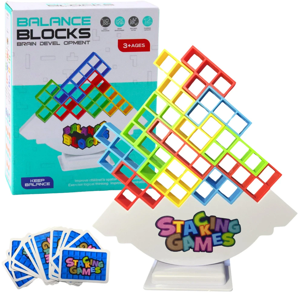 Lean Toys Tetrio Balansavimo Žaidimas su Bokštu ir Spalvotomis Kortelėmis