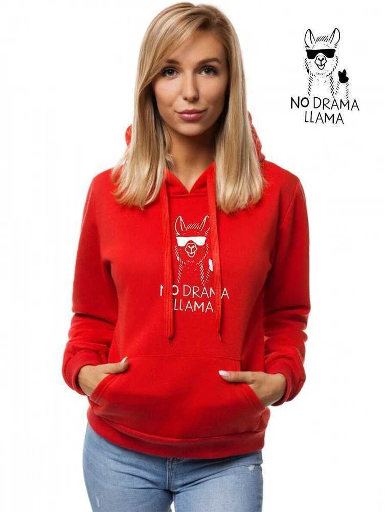 Raudonas moteriškas džemperis su gobtuvu No drama Llama