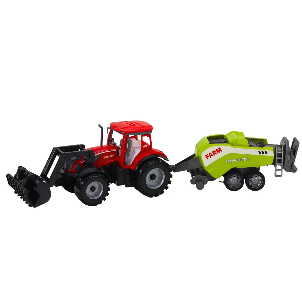 Lean Toys Raudonas traktorius su krautuvu ir presu