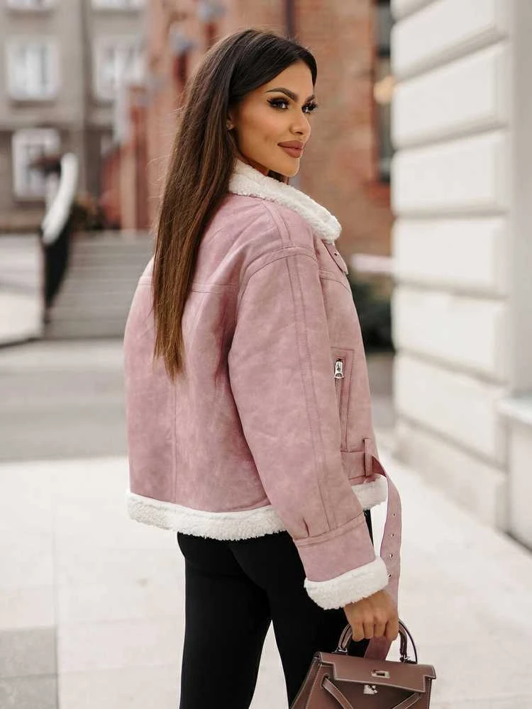 Rožinė odinė striukė su baltu kaliuku Camila