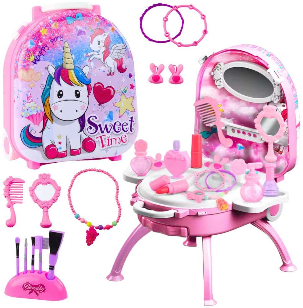 Lean Toys Vaikiškas grožio rinkinys su veidrodžiu ir kosmetiniais priedais, Vienaragis, 2-in-1
