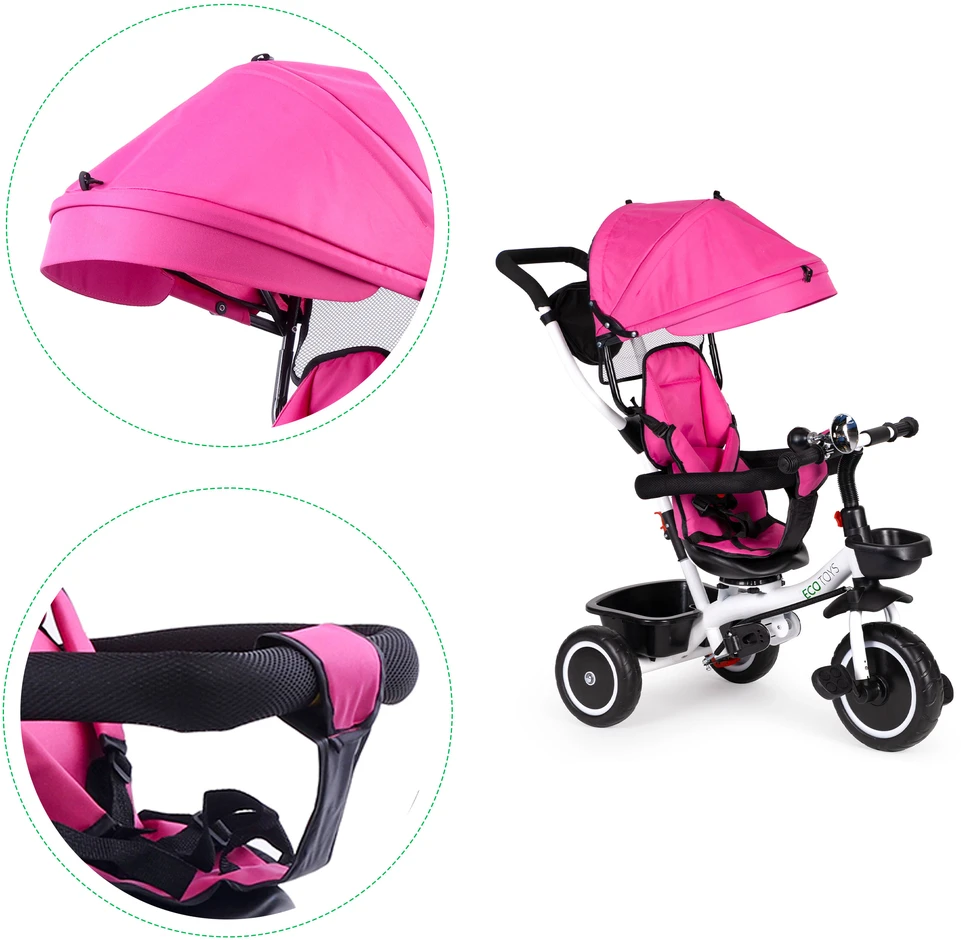 Ecotoys Triratukas su pasukama sėdyne Eco Toys, rožinis