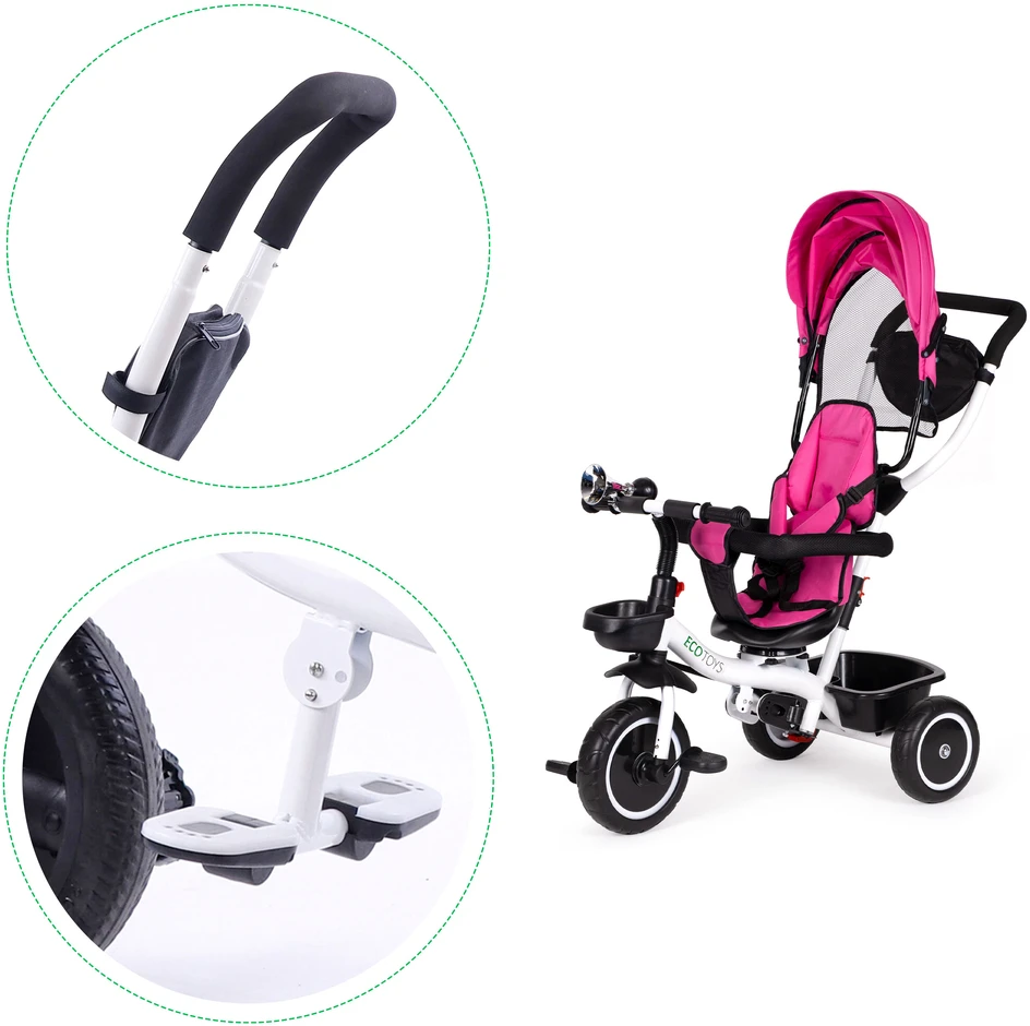 Ecotoys Triratukas su pasukama sėdyne Eco Toys, rožinis