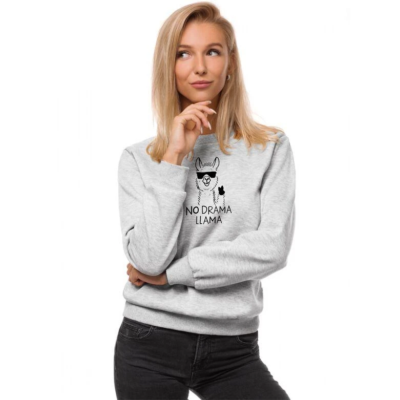 Šviesiai pilkas moteriškas džemperis be gobtuvo No drama Llama