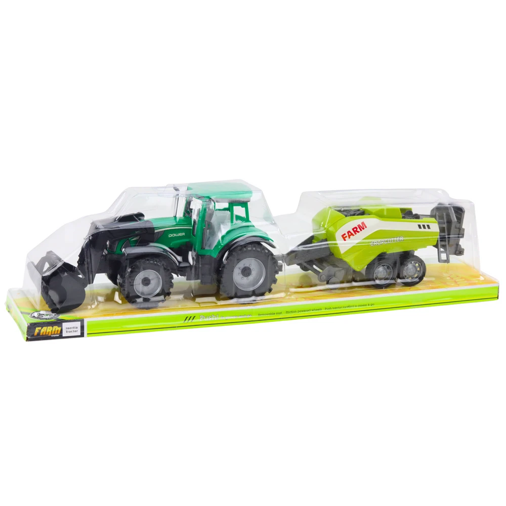 Lean Toys Žalias traktorius su krautuvu ir presu vaikams