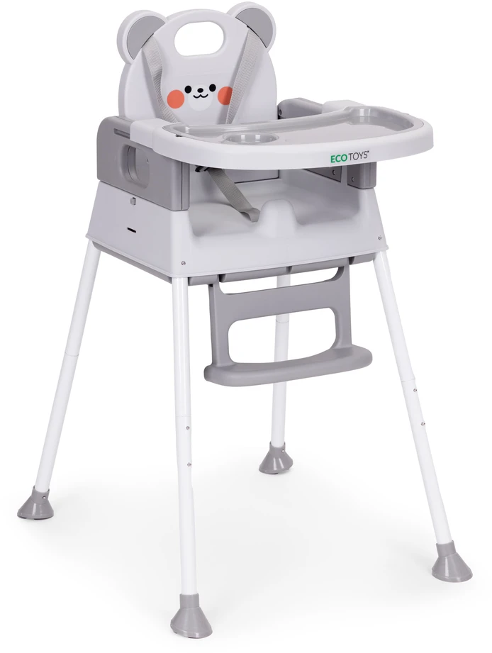 Vaikiška maitinimo kėdutė 3-in-1 su dvigubu padėklu ir 5 taškų saugos diržais, pilka ECOTOYS