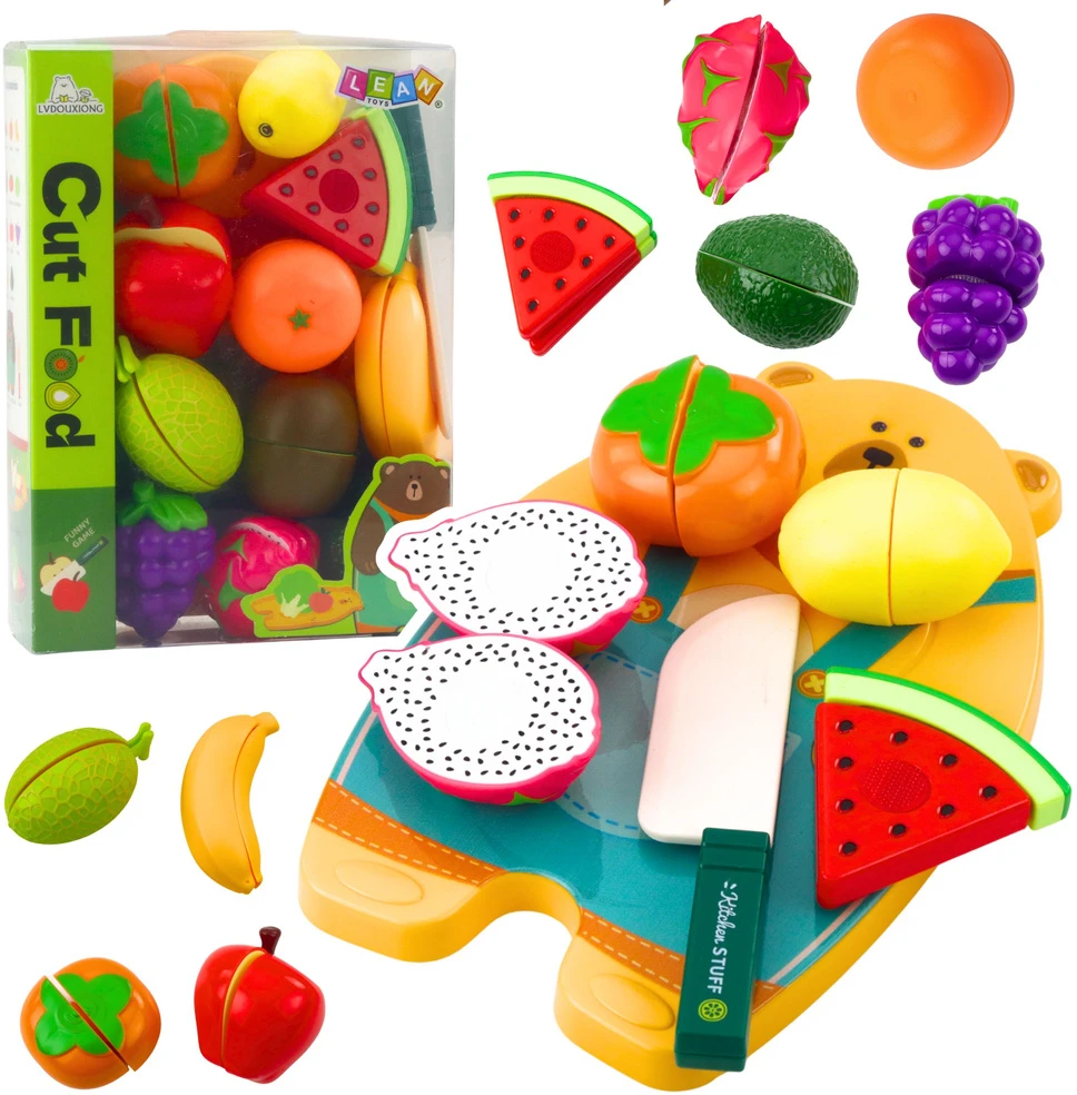 Lean Toys Vaikiškas žaislinių vaisių pjaustymo rinkinys su peiliu ir lentelė