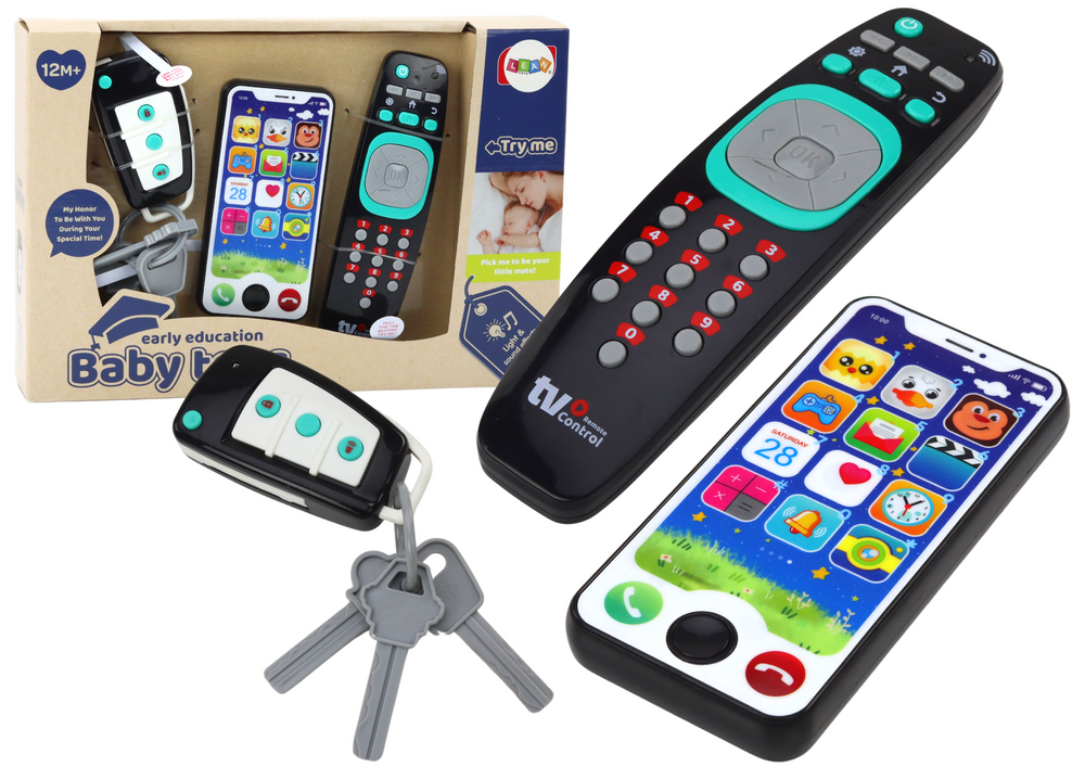 Lean Toys Žaislų rinkinys vaikams: nuotolinio valdymo pultas, raktai ir telefonas su šviesomis ir garsais
