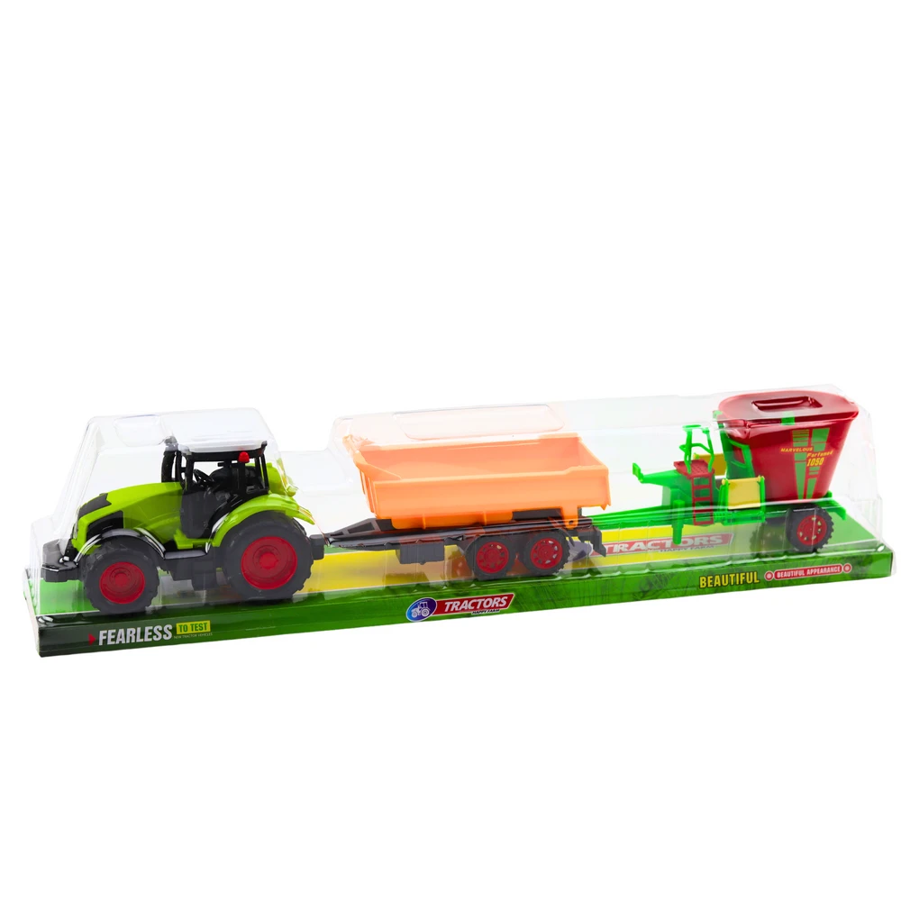 Lean Toys Traktorius su atsidarančia priekaba ir pašarų vežimu