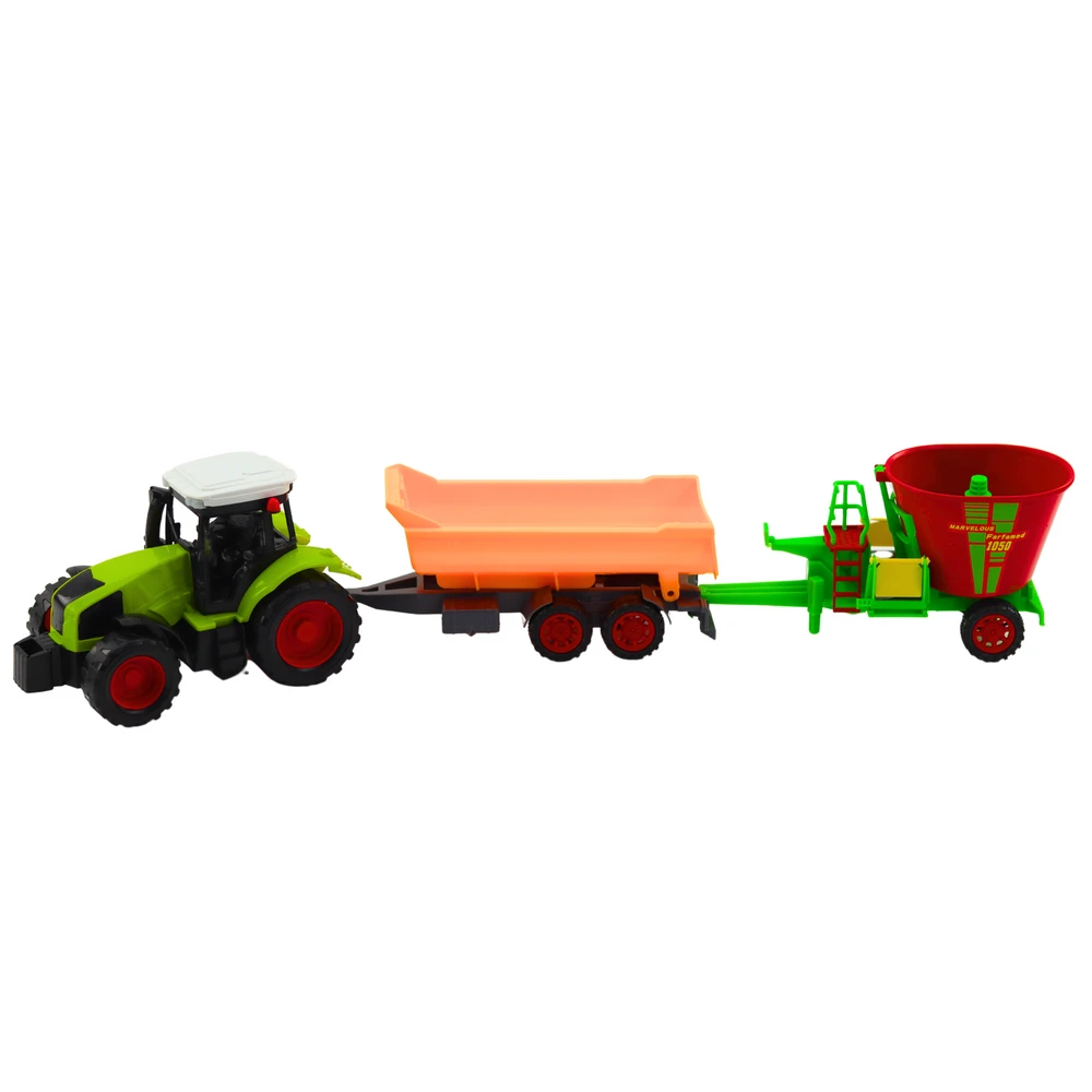 Lean Toys Traktorius su atsidarančia priekaba ir pašarų vežimu