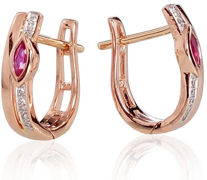Auksiniai auskarai anglišku užsegimu, Raudonas Auksas, Briliantai , Rubinas - 2.1 g. - 14 mm. - Briliantai (0,032Ct), Rubinas (0,235Ct)