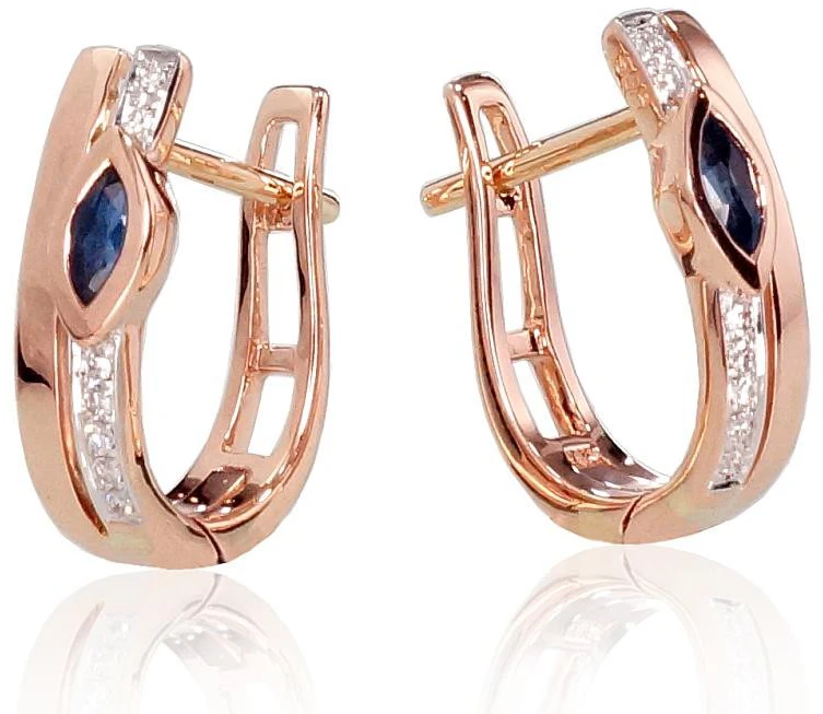 Auksiniai auskarai anglišku užsegimu, Raudonas Auksas, Briliantai , Safyras - 2.1 g. - 14 mm. - Briliantai (0,032Ct), Safyras (0,145Ct)