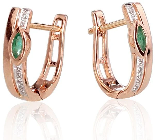 Auksiniai auskarai anglišku užsegimu, Raudonas Auksas, Briliantai , Smaragdas - 2.04 g. - 14 mm. - Briliantai (0,03Ct), Smaragdas (0,176Ct)