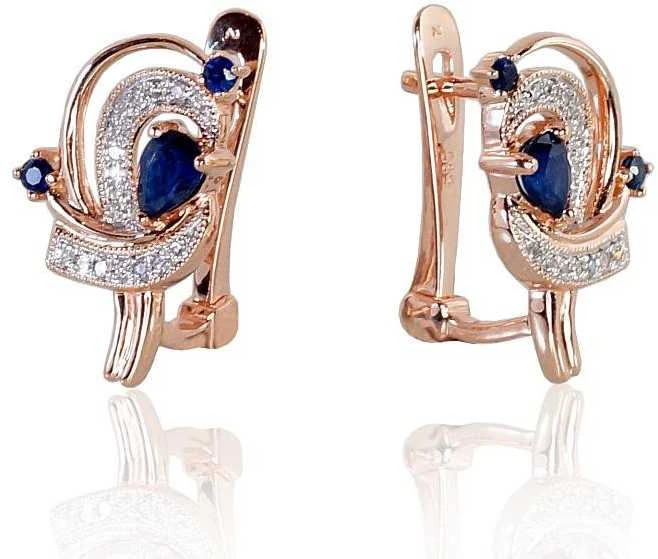 Auksiniai auskarai anglišku užsegimu, Raudonas Auksas, Briliantai , Safyras - 3.37 g. - 16 mm. - Briliantai (0,078Ct), Safyras (0,502Ct)